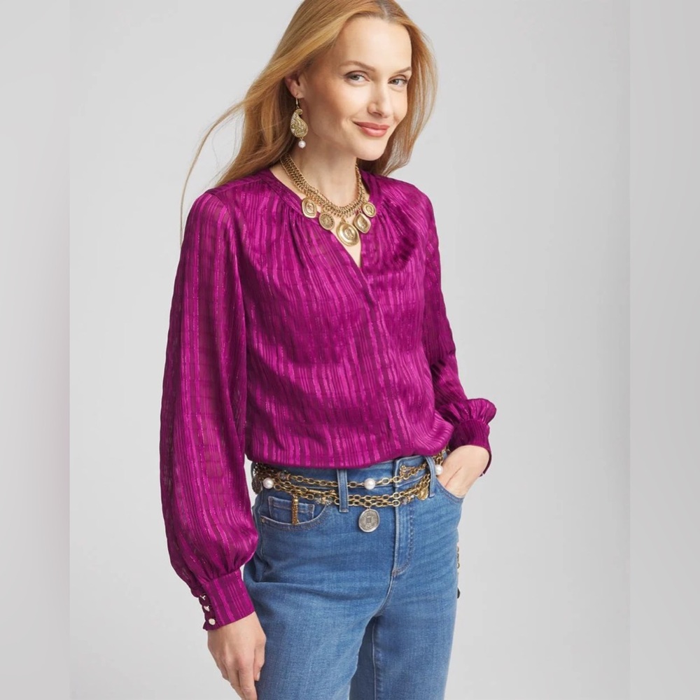 Chico's 0 Split Neck Crinkle Blouse Radiant Plum Button Sleeve Glitter - Size S